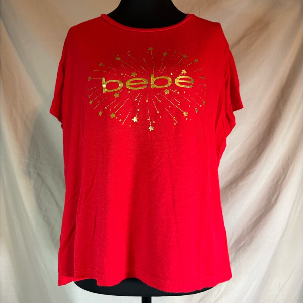 Bebe‎ Red Rhinestone Logo Starburst Tee ✨❤️